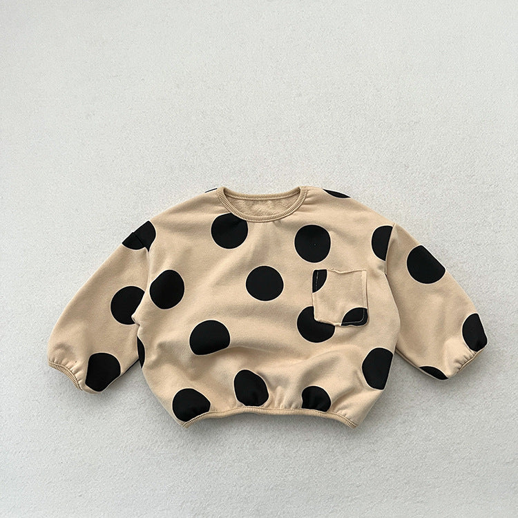 Baby Kids Unisex Kids Black Polka Dots Crew Neck Long Sleeve Pullover